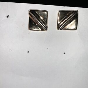 Vintage Gold Tone Square Stud Earrings Geometric Ribbed Diagonal Bar Post Backs